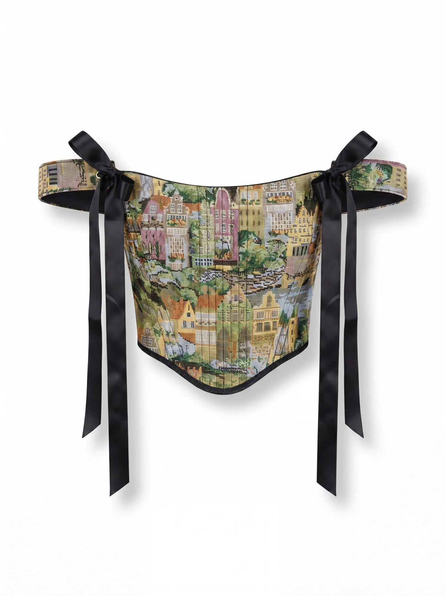 City print jacquard reversible corset top with black ribbon ties on white background