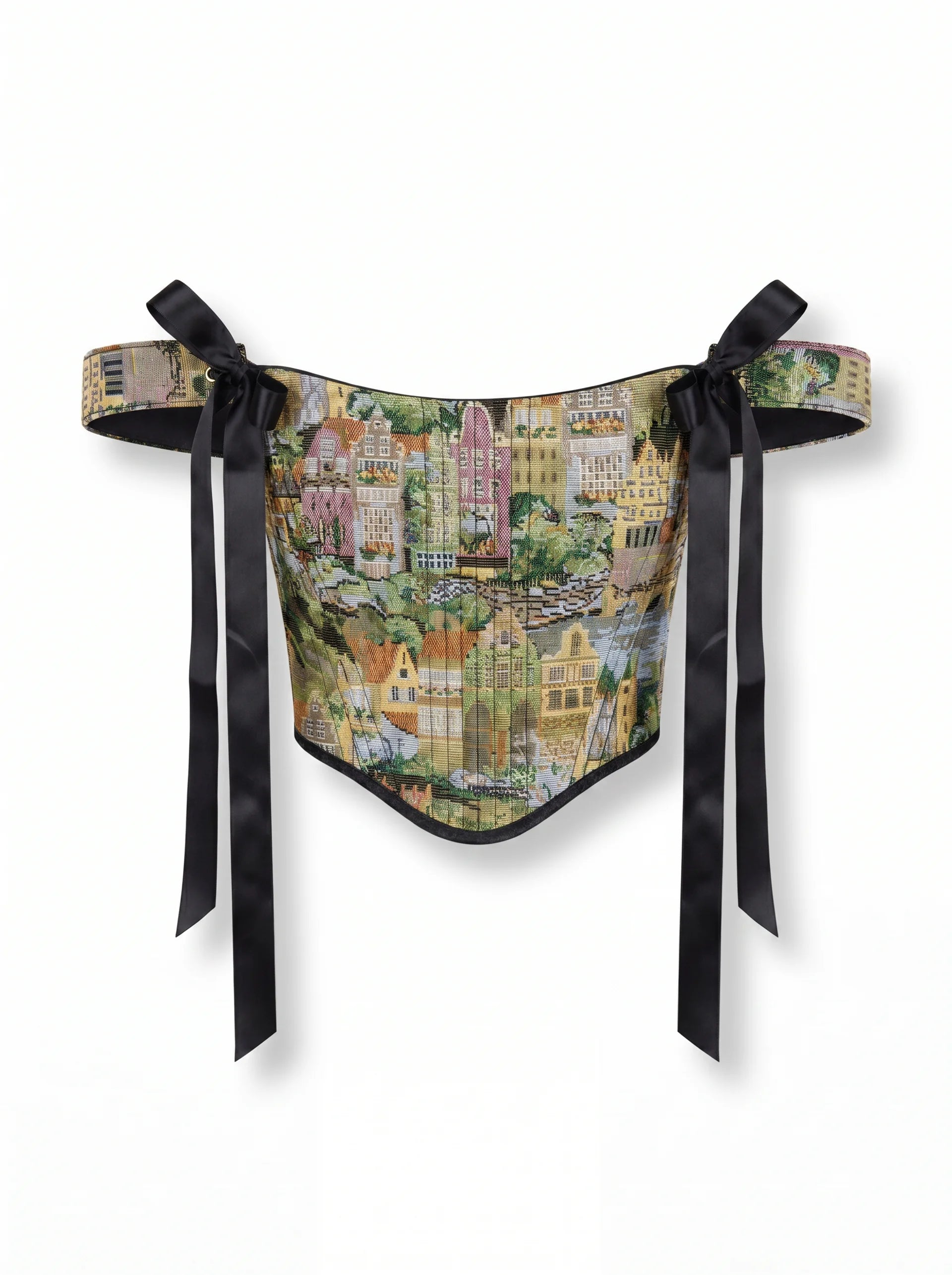 City print jacquard reversible corset top with black ribbon ties on white background