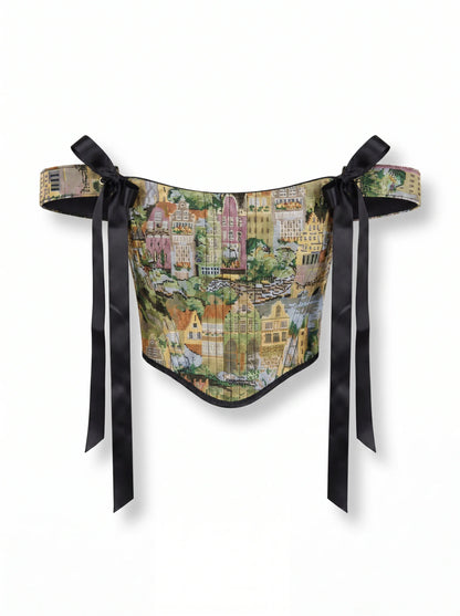 City print jacquard reversible corset top with black ribbon ties on white background