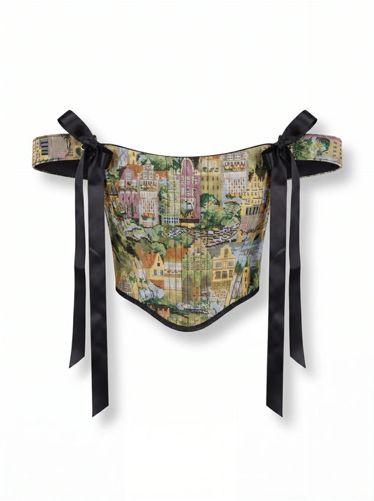 City print jacquard reversible corset top with black ribbon ties on white background