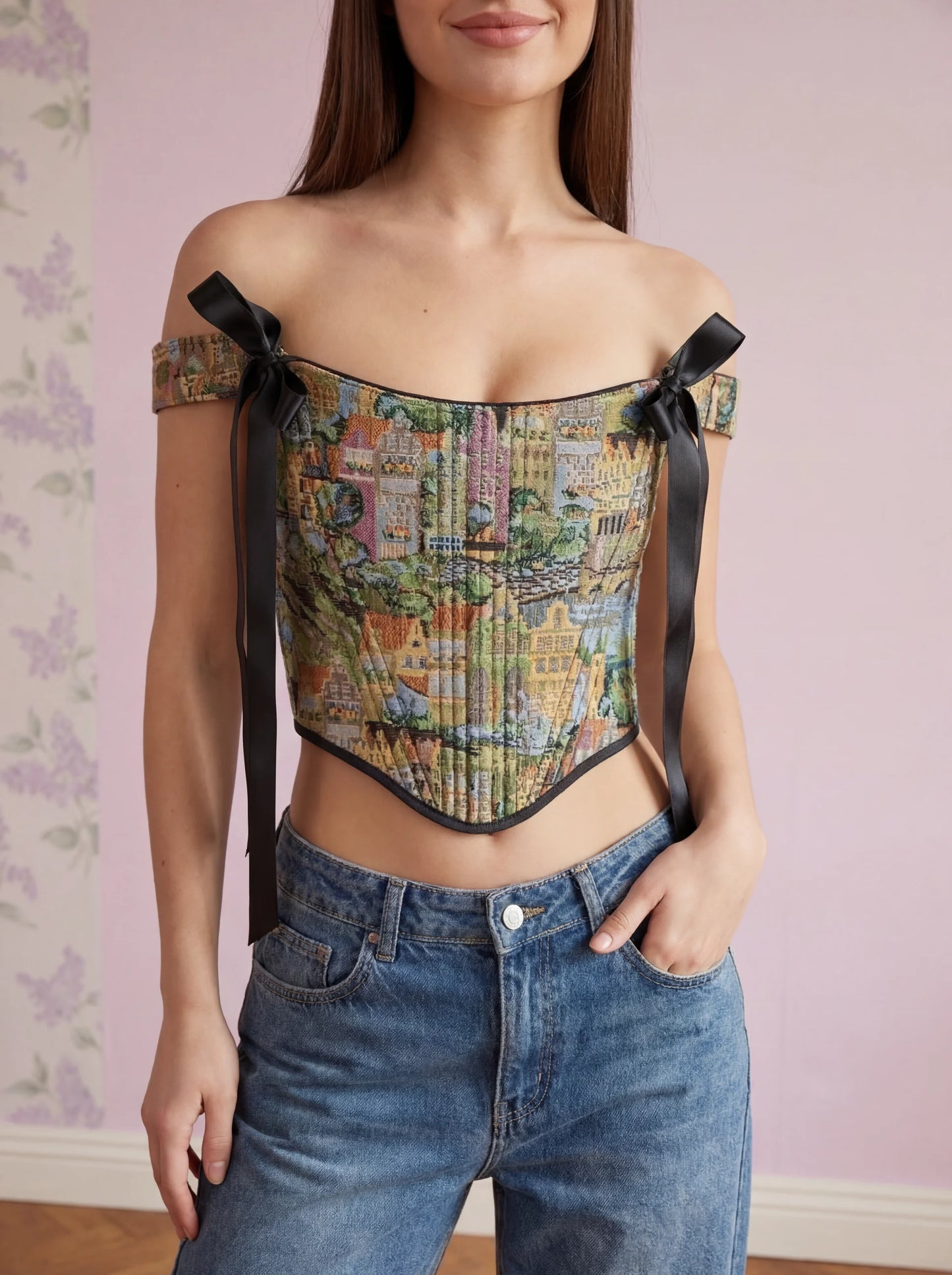 City print jacquard corset top standing outfit with jeans