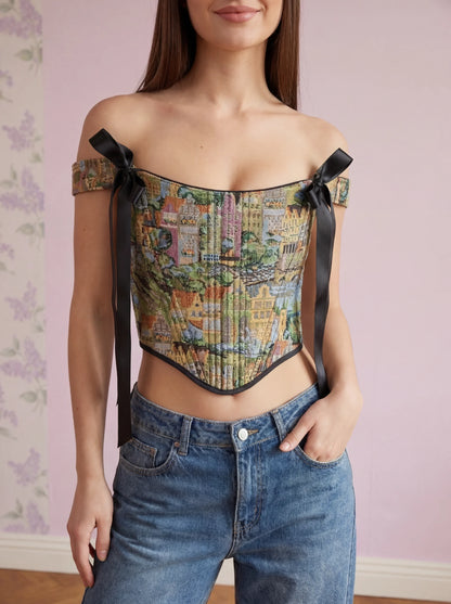City print jacquard corset top standing outfit with jeans