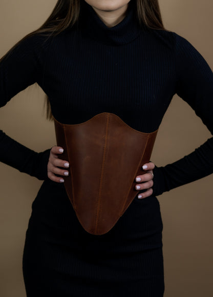 Close front view of cognac long leather underbust corset belt
