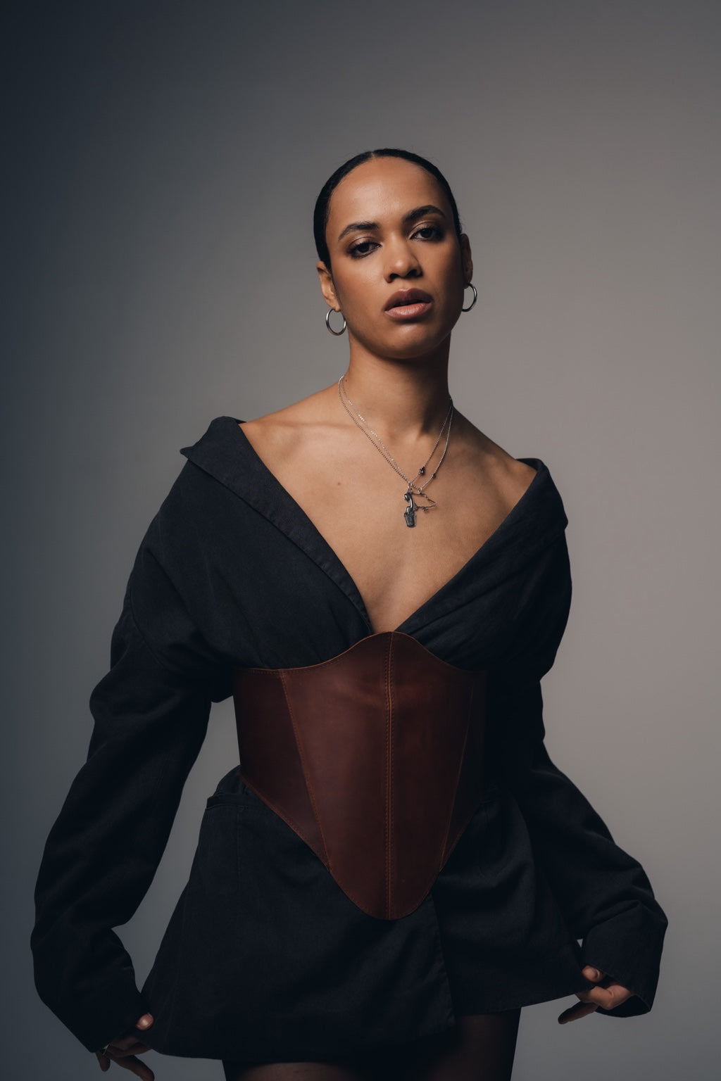Cognac long leather underbust corset belt studio front look