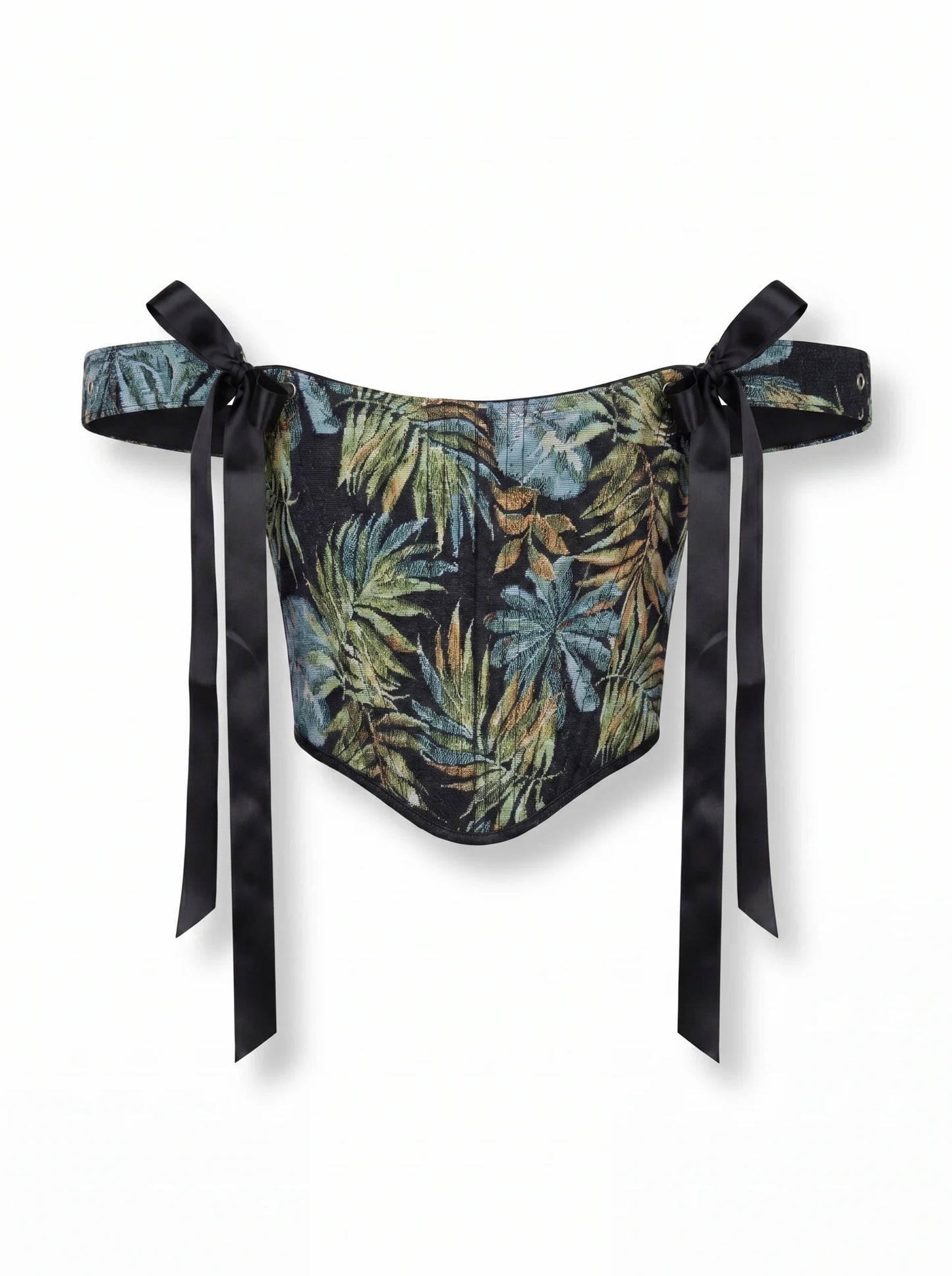 Dark tropical jacquard reversible corset top flat lay with black denim reverse side