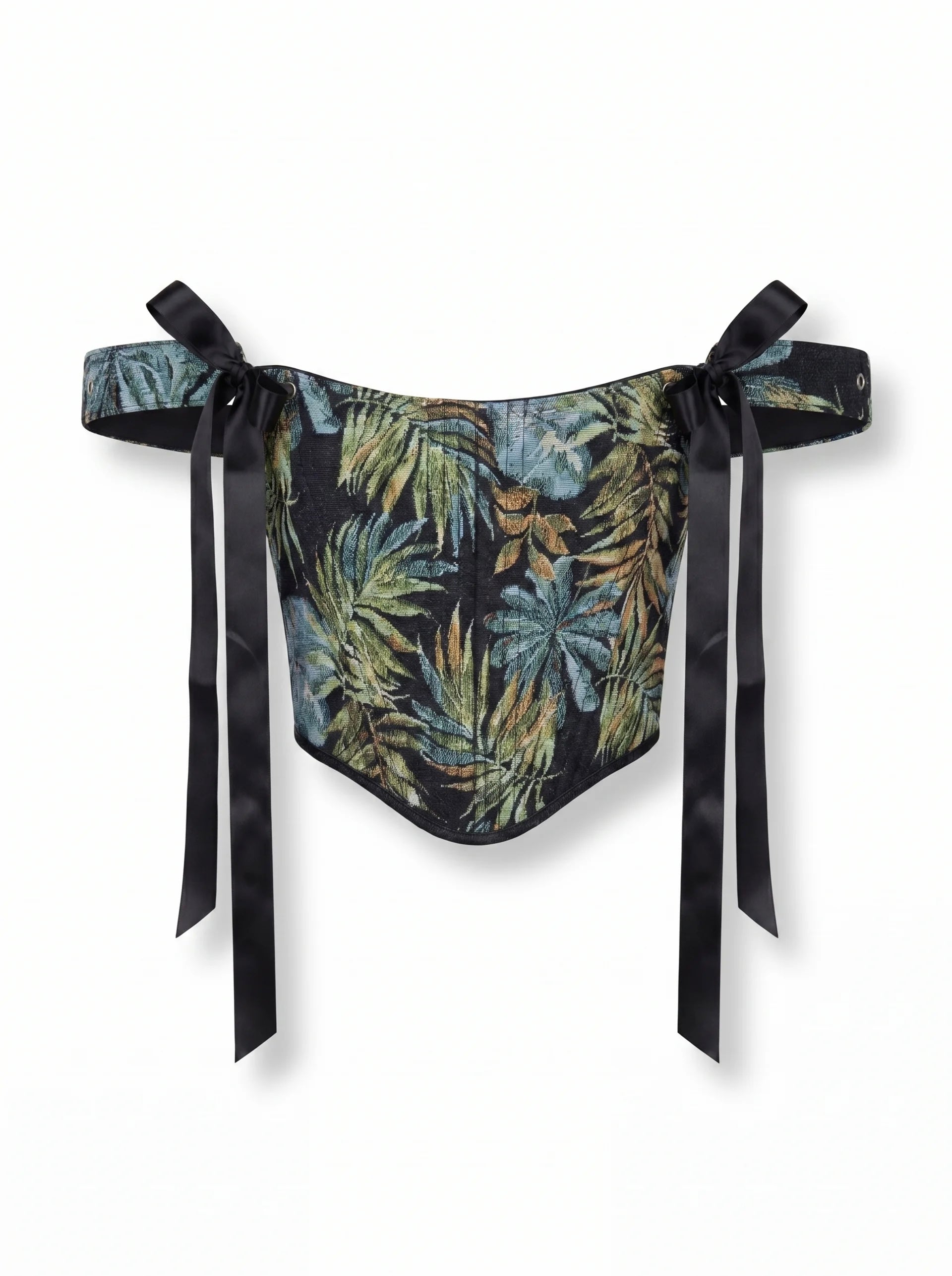 Dark tropical jacquard reversible corset top flat lay with black denim reverse side