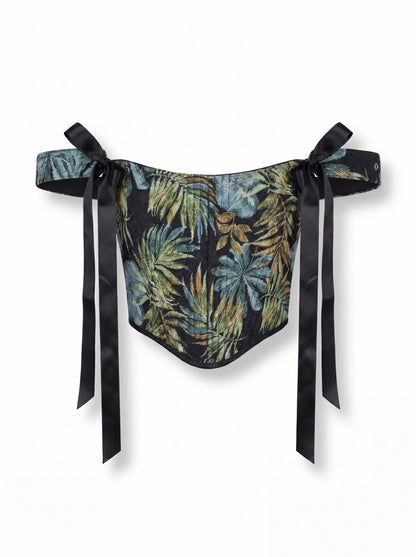 Dark tropical jacquard reversible corset top flat lay with black denim reverse side
