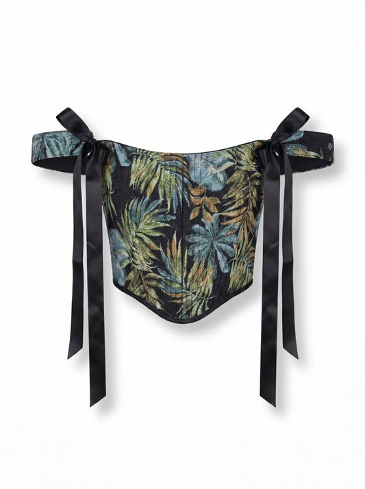 Dark tropical jacquard reversible corset top flat lay with black denim reverse side