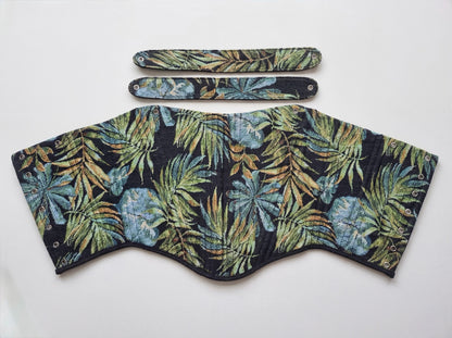 Dark tropical jacquard reversible corset top with black ribbon ties on white background