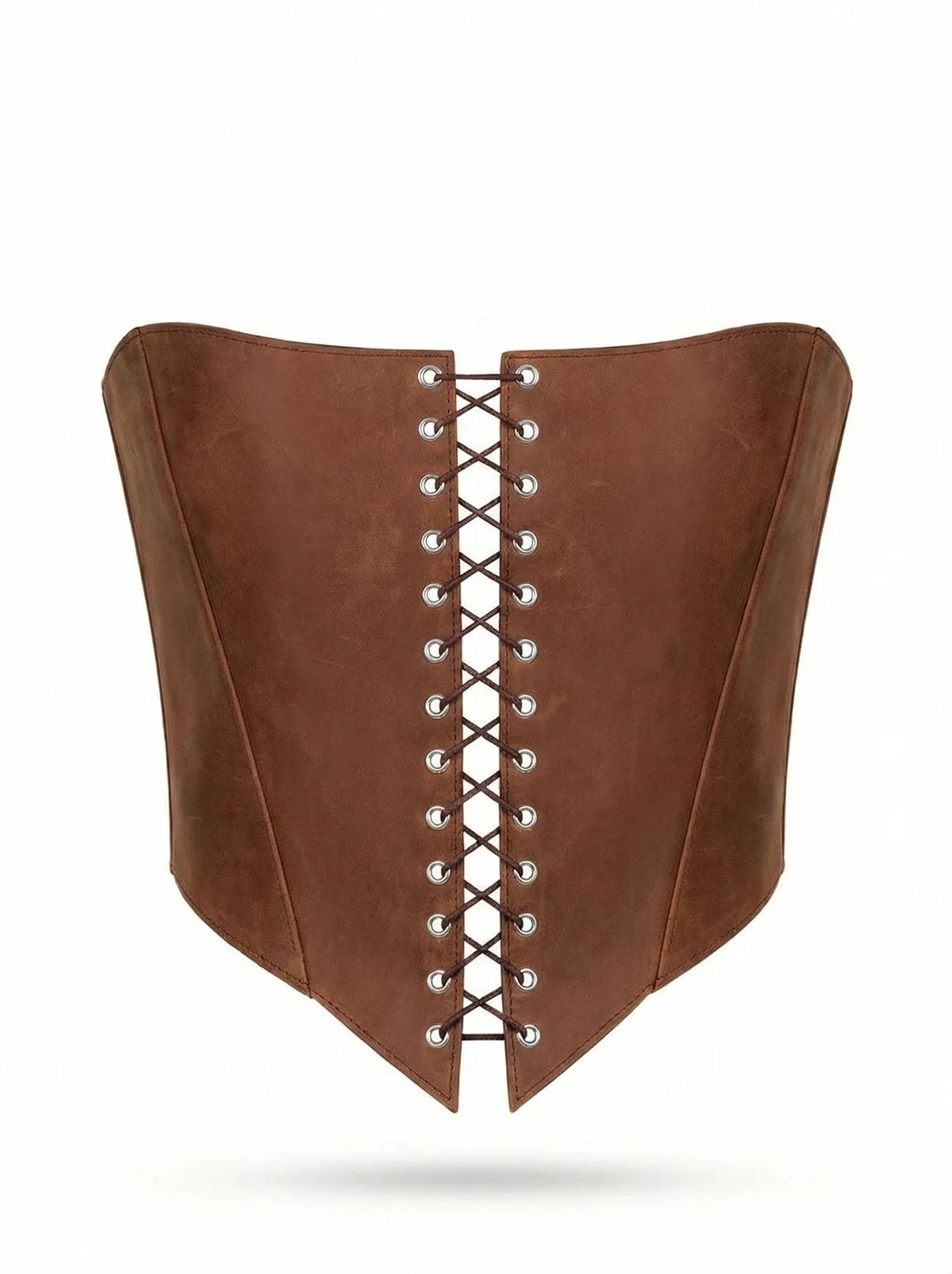 A brown leather corset with a lace-up design.
