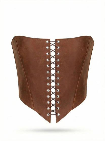 A brown leather corset with a lace-up design.