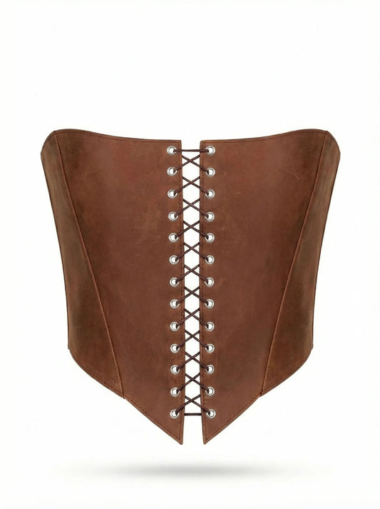 A brown leather corset with a lace-up design.