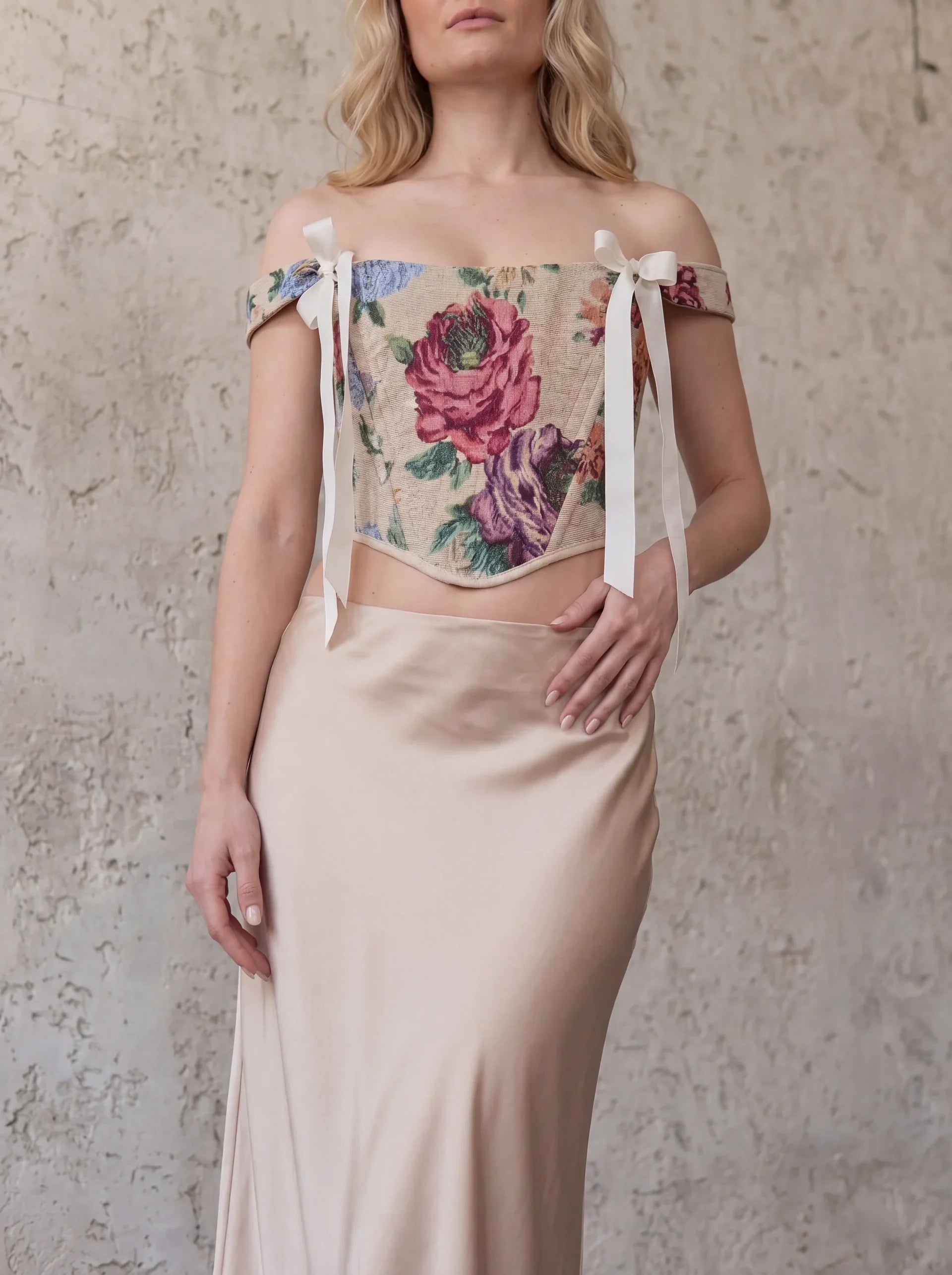 Floral jacquard corset top styled with satin skirt