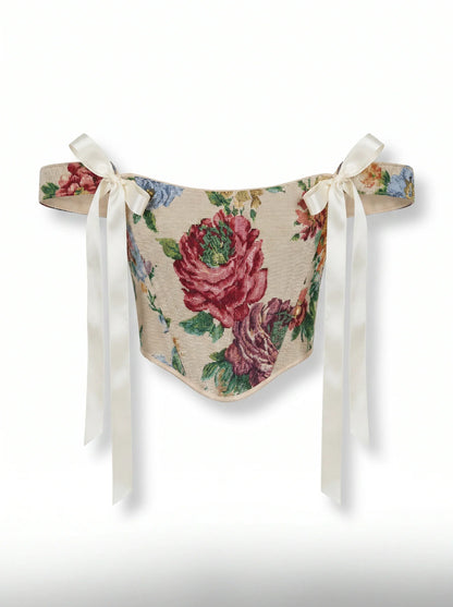 Floral jacquard reversible corset top with ribbon shoulder ties on white background