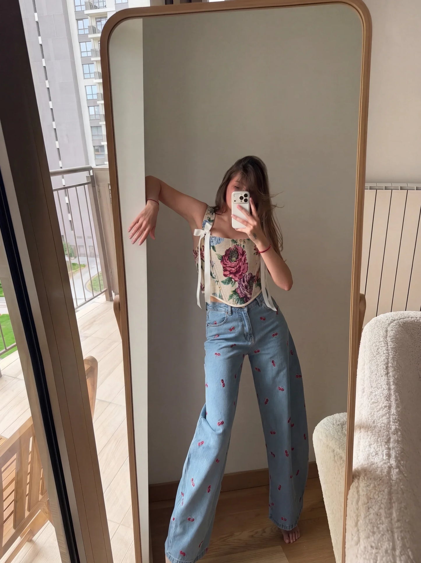 Floral jacquard corset top with off shoulder ribbon styling