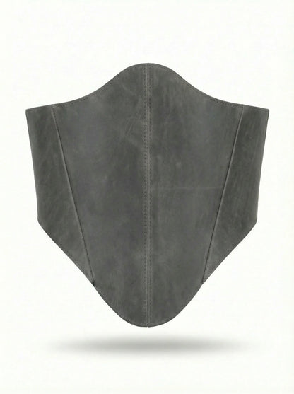 Gray long leather underbust corset belt on white background