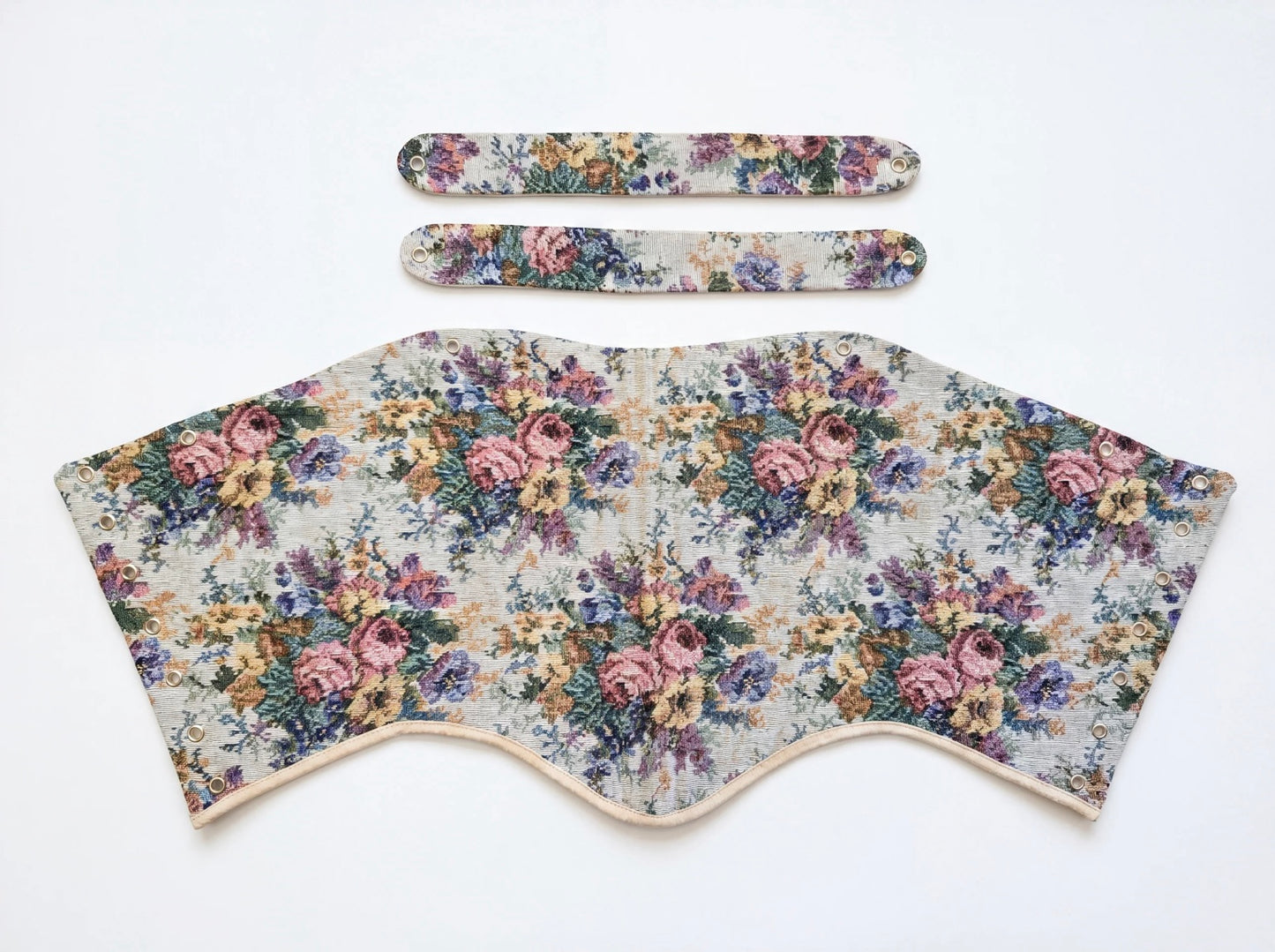 Pastel floral jacquard reversible corset top flat lay