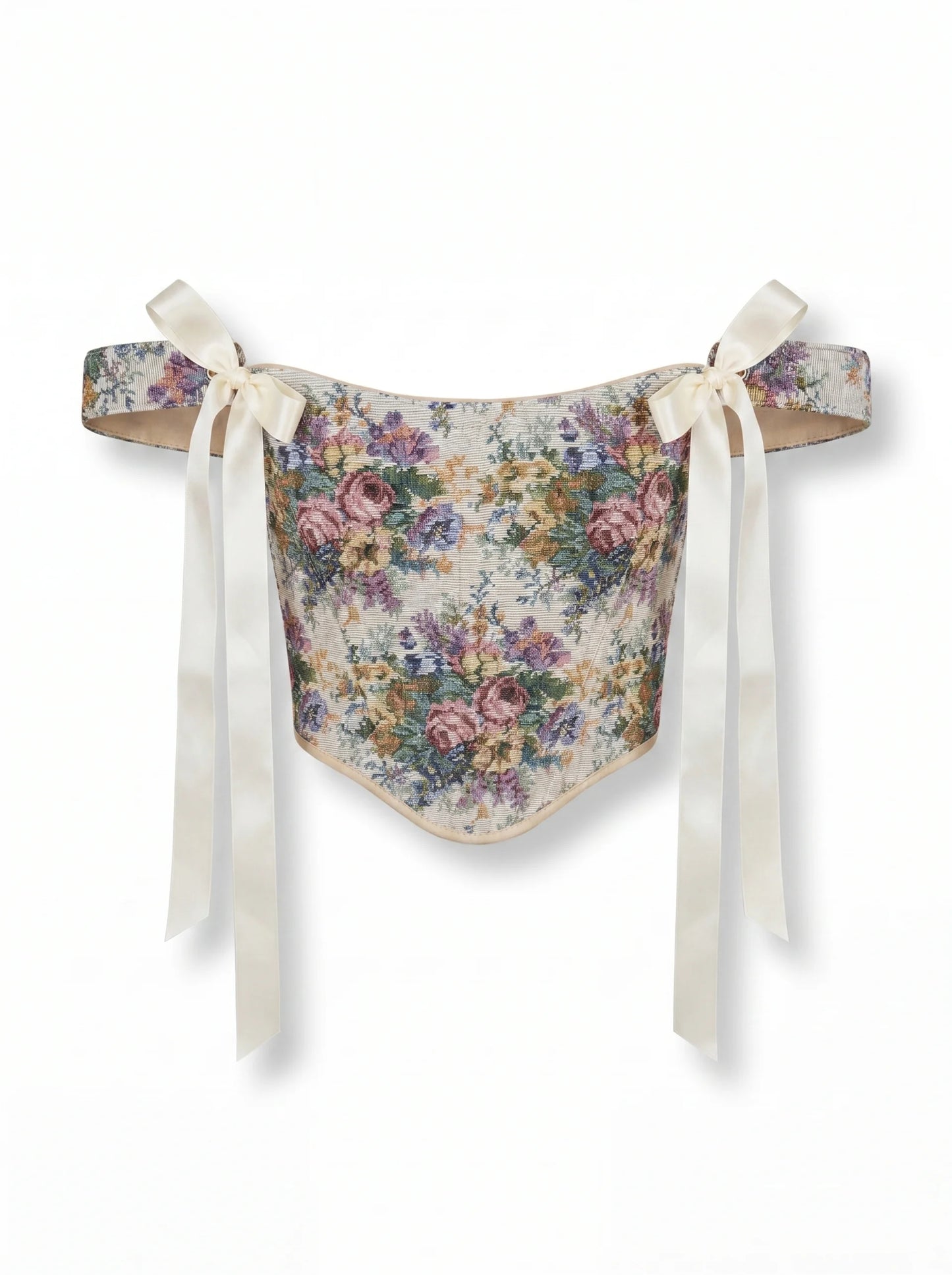 Pastel floral jacquard reversible corset top with cream ribbon ties on white background