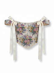 Pastel Floral Jacquard Reversible Corset Top – Beige Denim Bodice