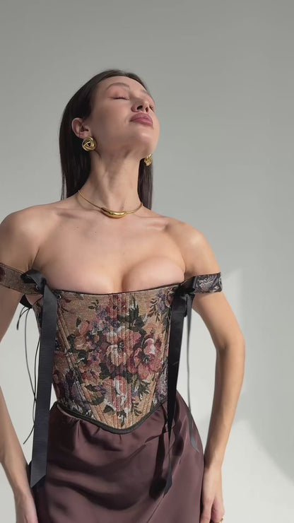 Reversible Renaissance Corset Top in Floral Jacquard with Brown Flowers