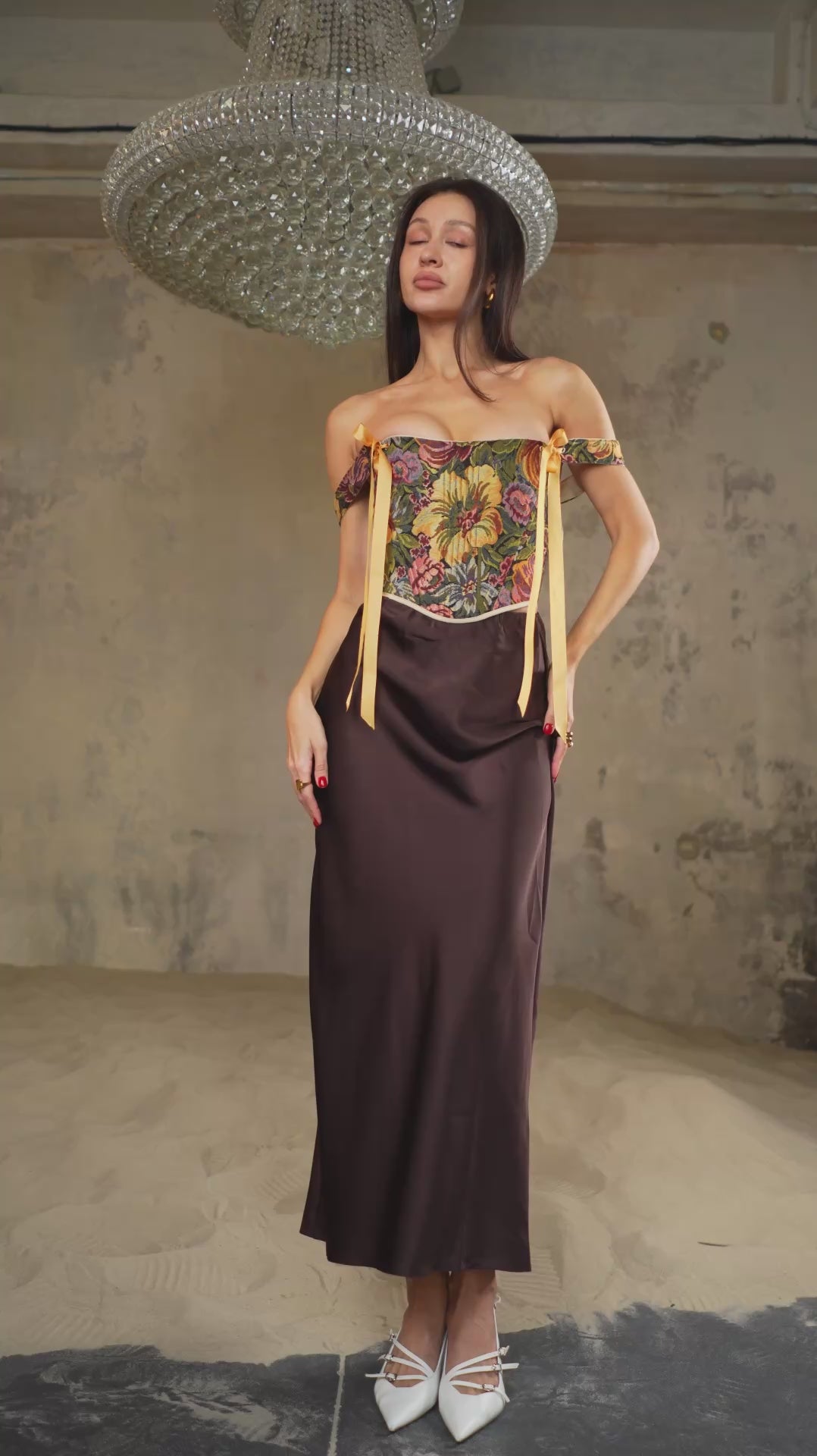 Khaki floral corset top, structured boned bodice, reversible lace up corset, off shoulder ribbon straps, waist shaping silhouette, handmade custom size corset, renaissance fair outfit, vintage botanical tapestry top, festival or evening styling
