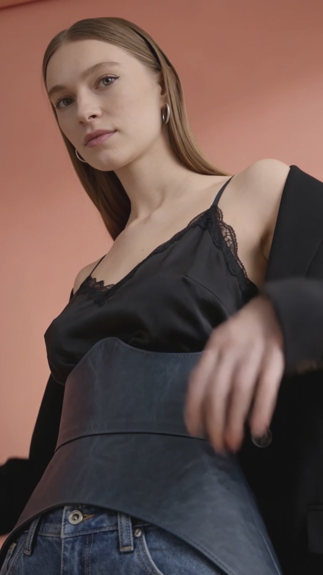 deep blue leather corset belt peplum basque waist cincher statement outfit styling renaissance inspired corset belt bold fashion look structured belt