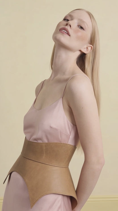 Beige leather basque belt, sculpted waist peplum belt