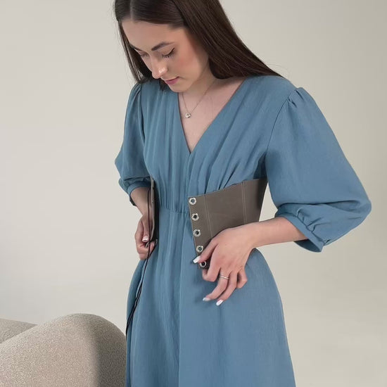 underbust leather corset, structured waist shaping corset belt, boned leather waist cincher, brown leather corset top, handmade fashion corset, sculpted silhouette, minimalist structured bodice