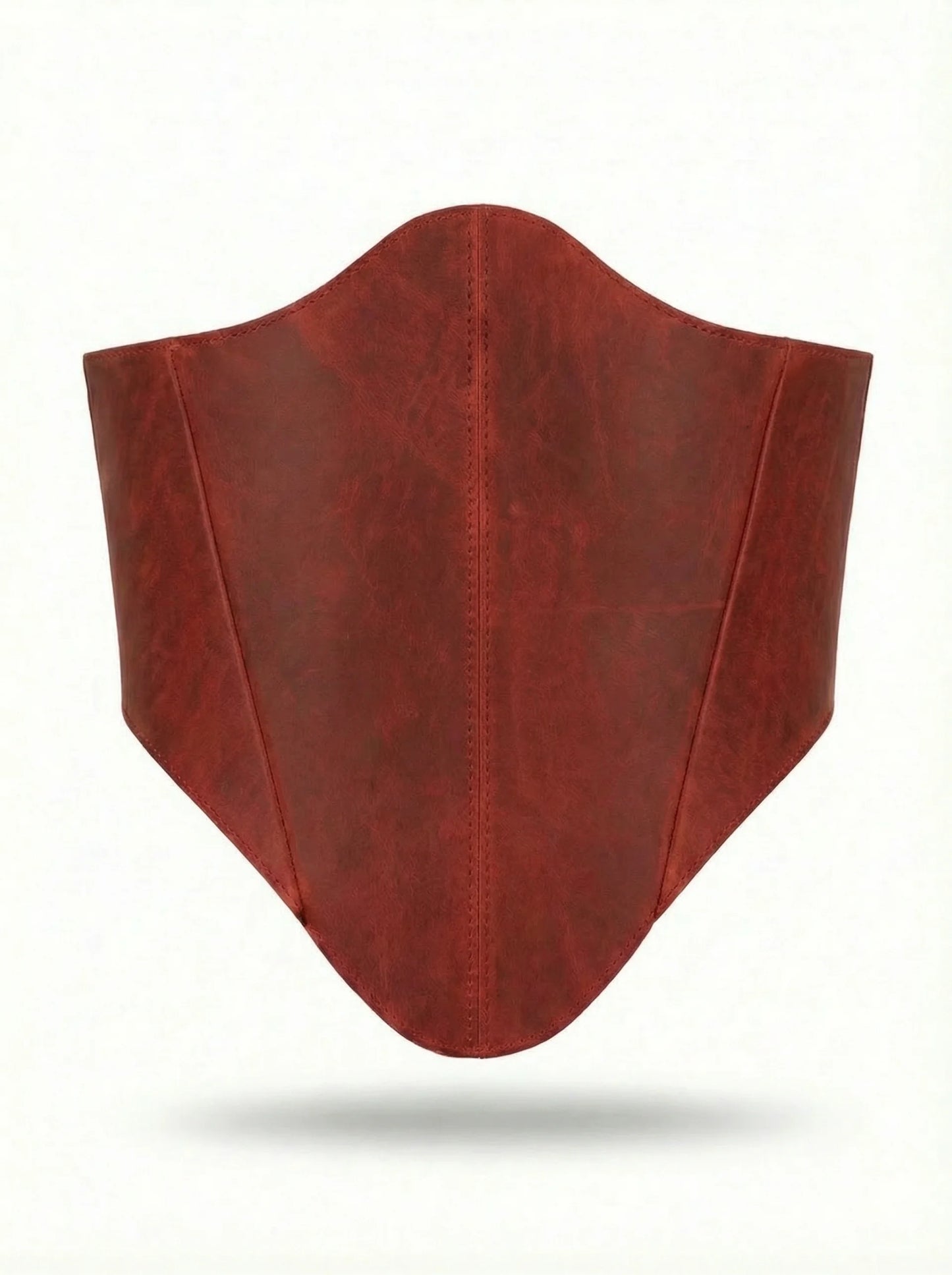 Red long leather underbust corset belt on white background