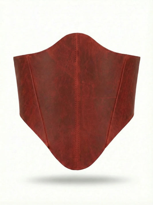 Red long leather underbust corset belt on white background