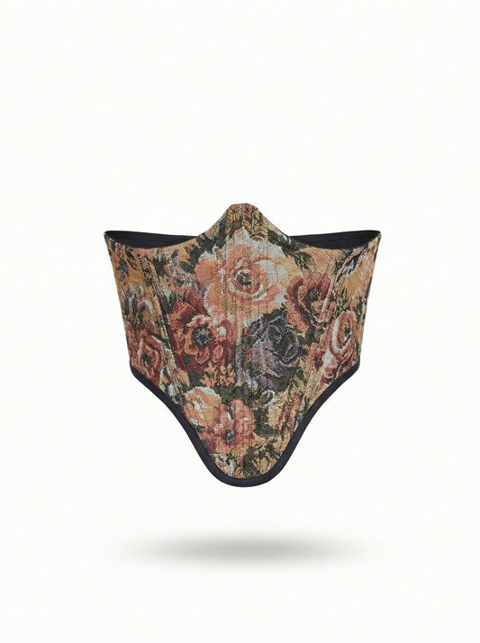 Vintage floral jacquard reversible underbust corset on white background