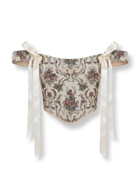 Vintage rose jacquard reversible corset top with cream ribbon ties on white background